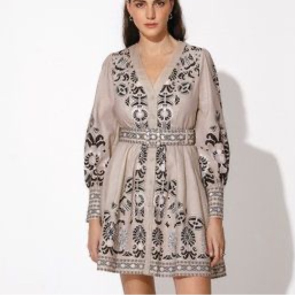 By‎ Malina Valeria Dress Sierra Taupe Black Belted Linen/Cotton Size Small NWT - Picture 1 of 12